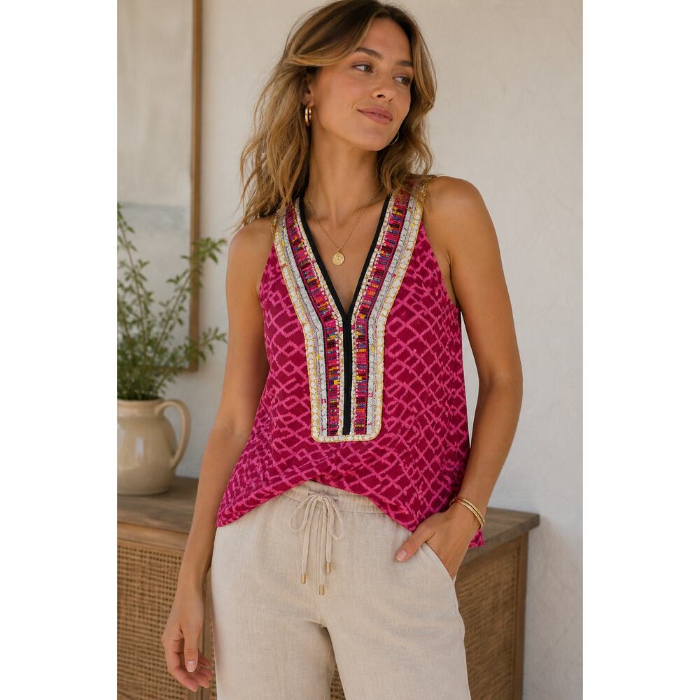Akemi + Kin Embroidered Tank Top S Linen Blend Boho Anthropologie